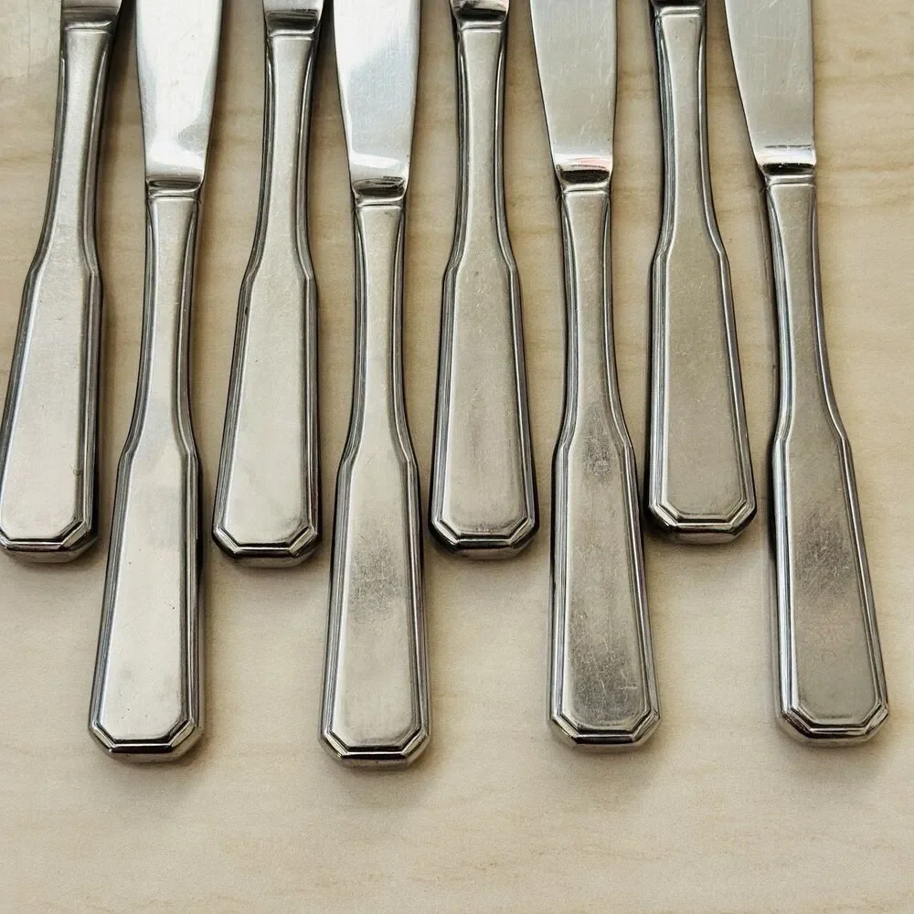 8pc Vintage Japanese 18/0 Stainless Dinner Knives 8 7/8”Outline Edge Flat Tip Up
